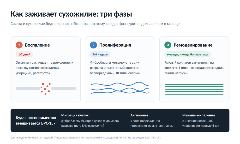 Три фазы заживления сухожилия: воспаление, пролиферация с выработкой коллагена третьего типа, ремоделирование в коллаген первого типа