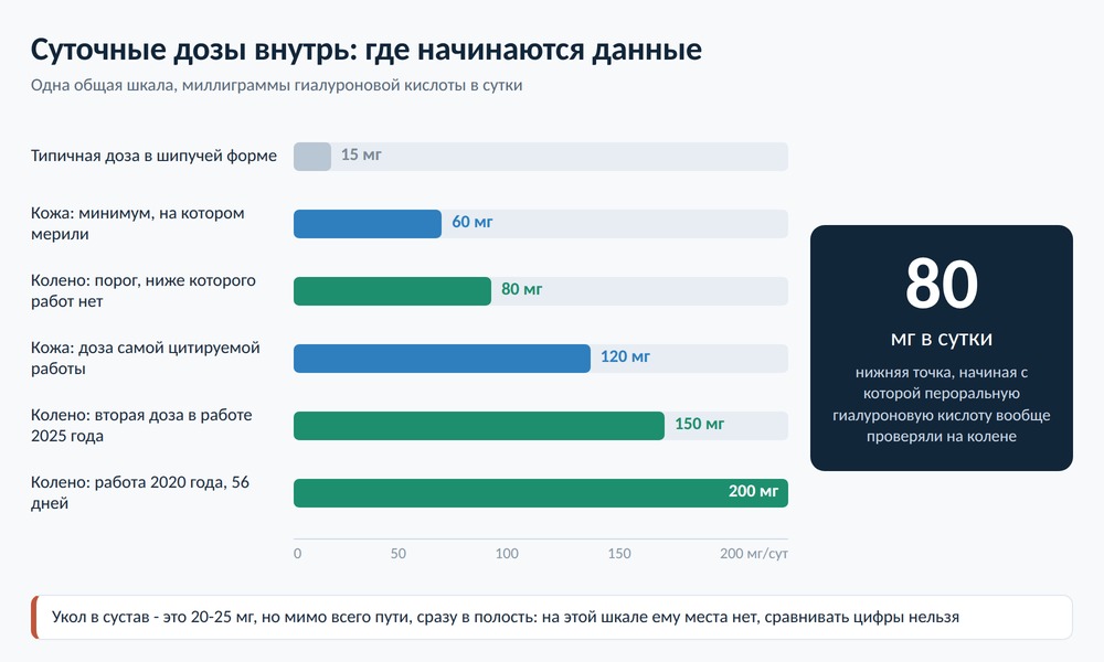 Шкала суточных доз гиалуроновой кислоты при приёме внутрь: типичная доза шипучей формы, 60 и 120 мг для кожи, 80 и 200 мг для сустава, порог данных 80 мг
