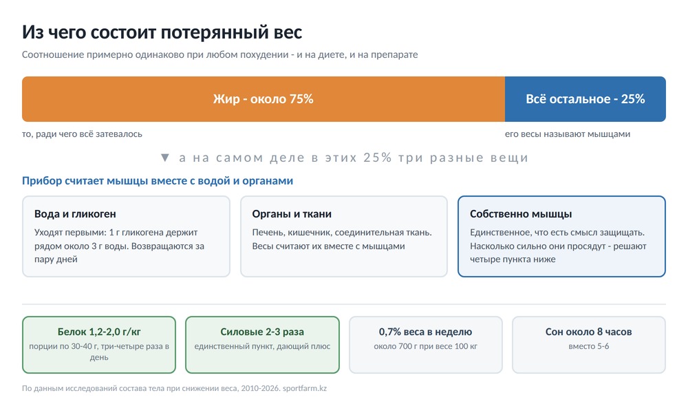 Схема: потерянный вес состоит из жира и безжировой массы, а безжировая масса включает воду с гликогеном, органы и ткани и собственно мышцы