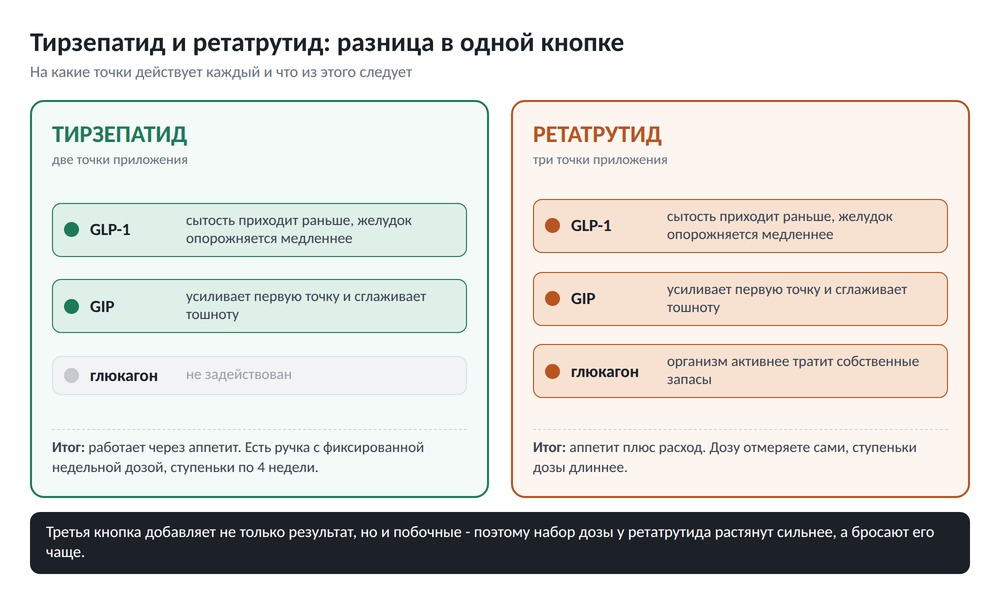 Две панели: у тирзепатида включены две точки приложения, у ретатрутида три, включая глюкагон