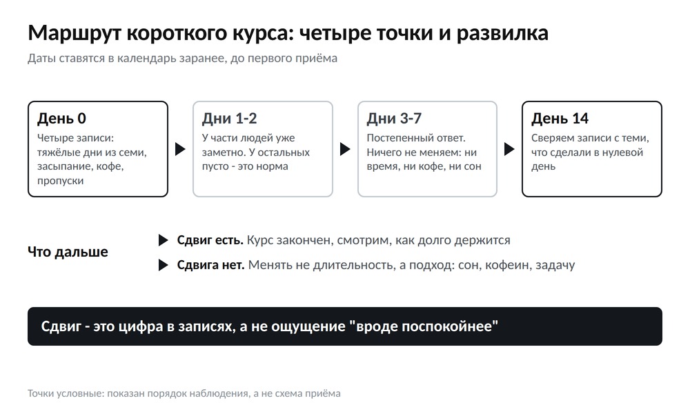 Маршрут курса: день ноль - четыре записи, дни 1-2 - ранний ответ у части людей, дни 3-7 - постепенный ответ, день 14 - развилка из двух решений