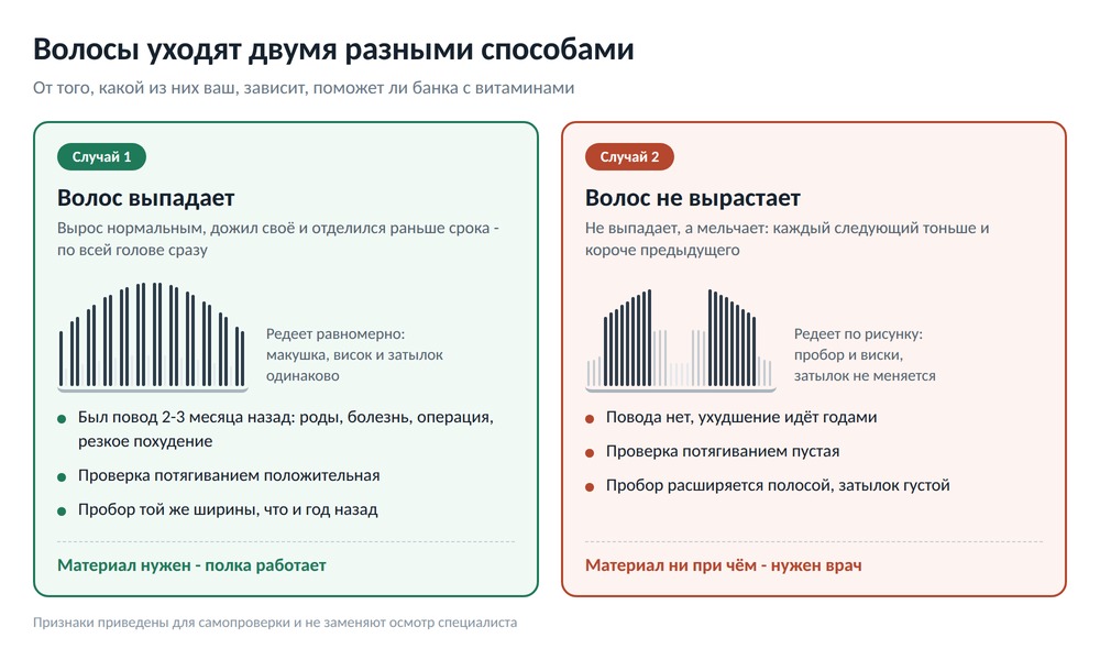 Схема двух причин потери волос: слева волос выпадает раньше срока по всей голове после болезни или диеты, справа волос истончается цикл за циклом по рисунку на проборе и висках